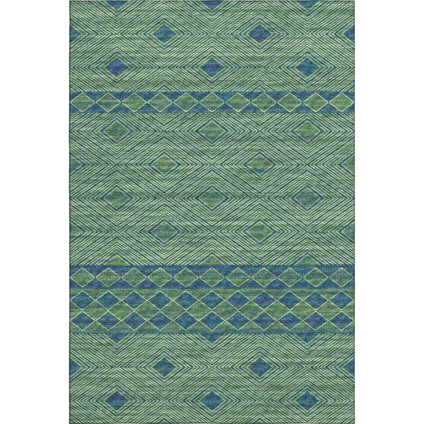 10' X 14' Green And Navy Blue Geometric Washable Area Rug With UV Protection - HomeRoots - Flyclothing LLC