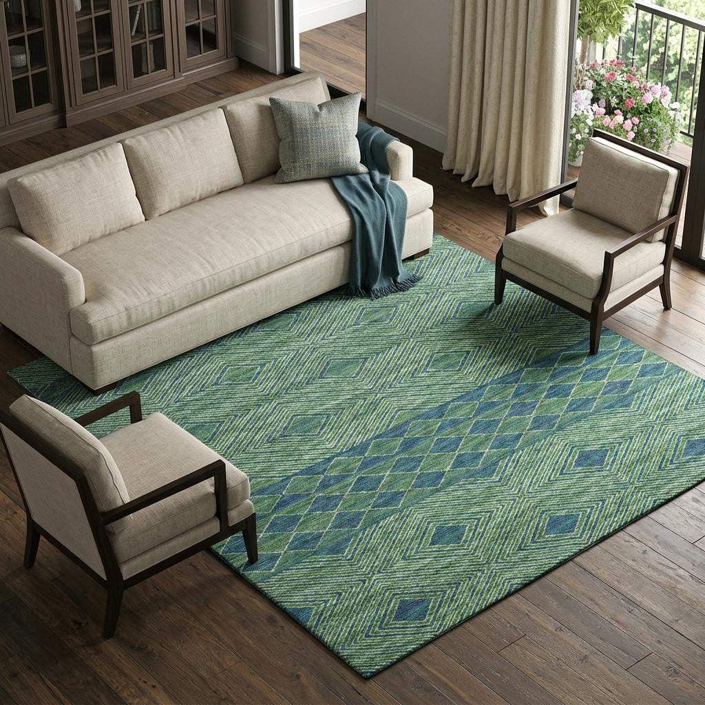 10' X 14' Green And Navy Blue Geometric Washable Area Rug With UV Protection - HomeRoots - Flyclothing LLC
