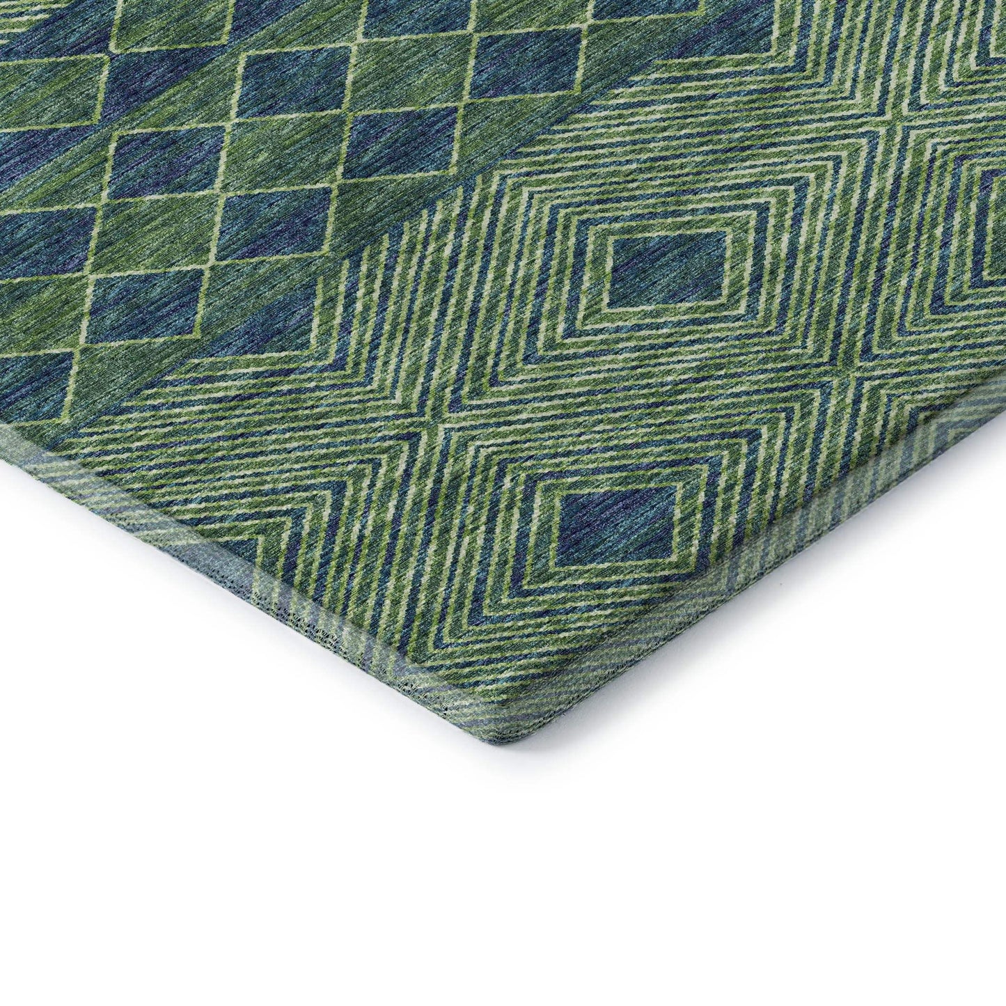 10' X 14' Green And Navy Blue Geometric Washable Area Rug With UV Protection - HomeRoots - Flyclothing LLC