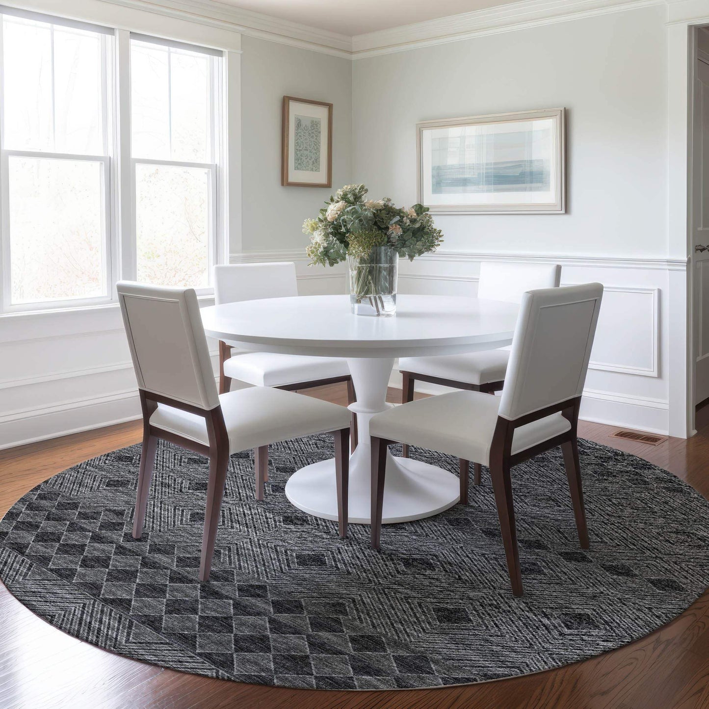 8' Gray And Black Geometric Washable Round Rug With UV Protection - HomeRoots - Flyclothing LLC