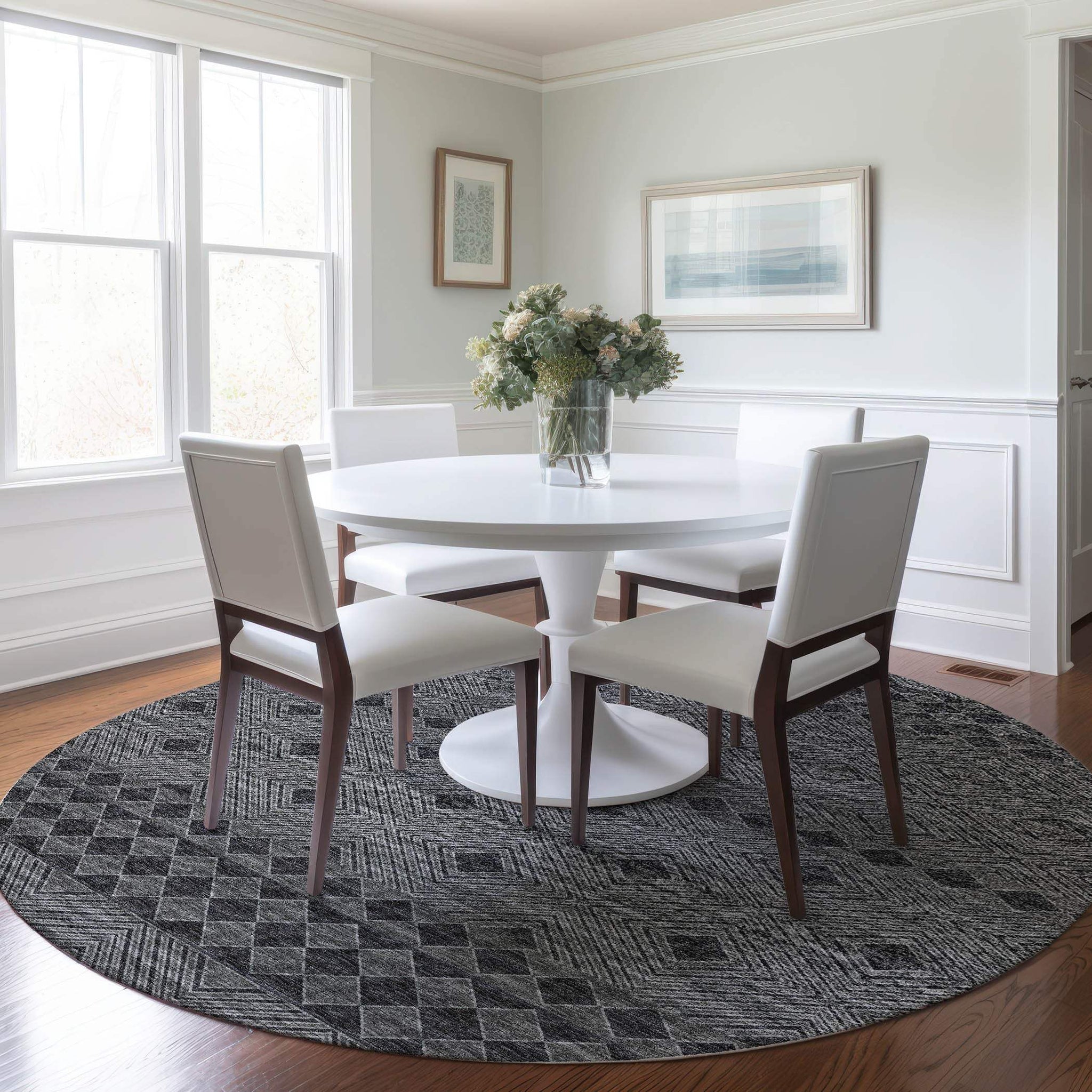 8' Gray And Black Geometric Washable Round Rug With UV Protection - HomeRoots - Flyclothing LLC