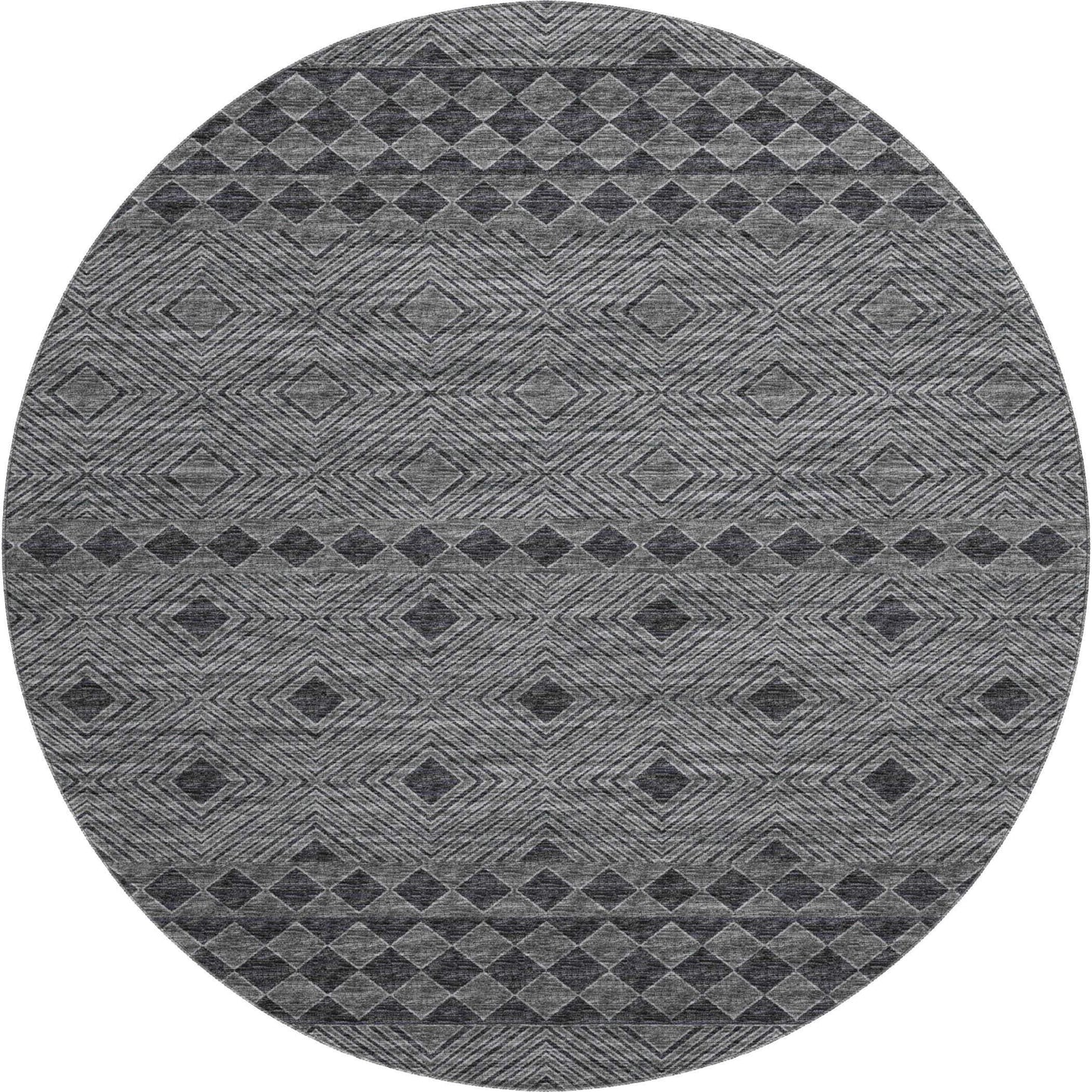 8' Gray And Black Geometric Washable Round Rug With UV Protection - HomeRoots - Flyclothing LLC