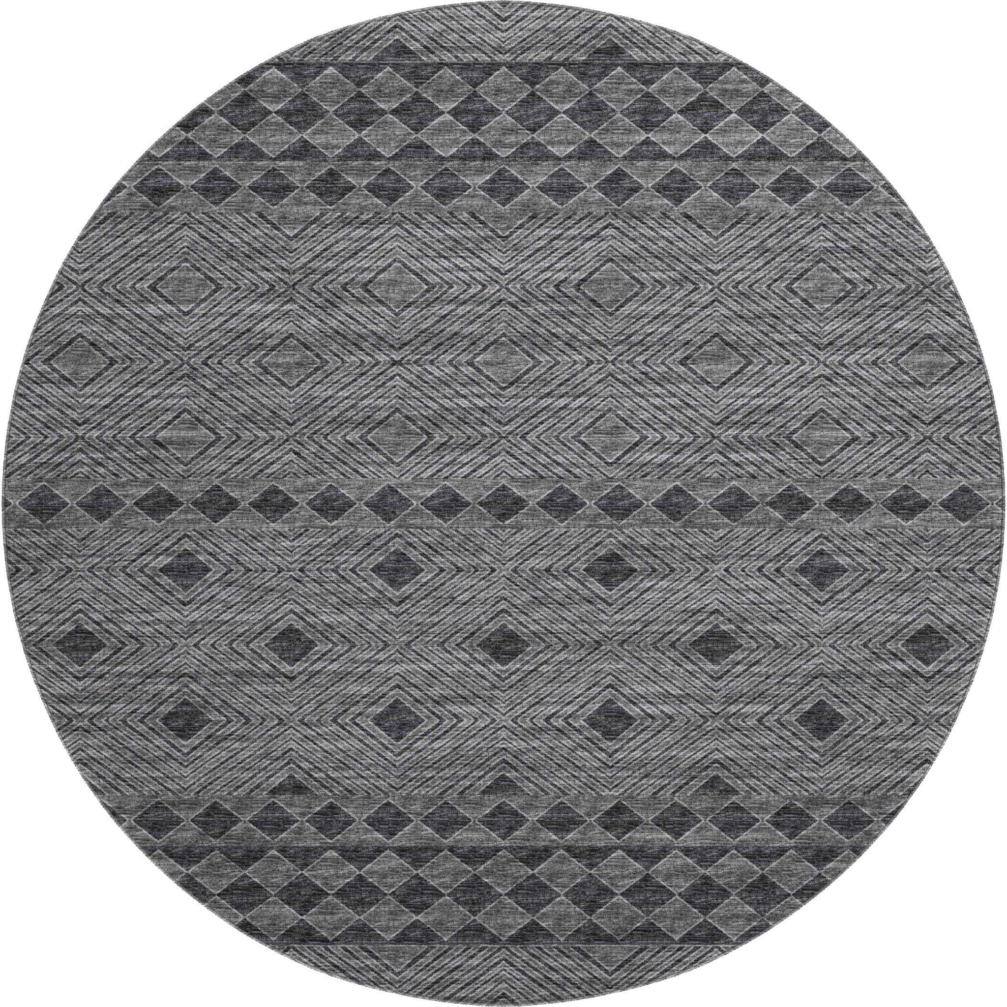 8' Gray And Black Geometric Washable Round Rug With UV Protection - HomeRoots - Flyclothing LLC