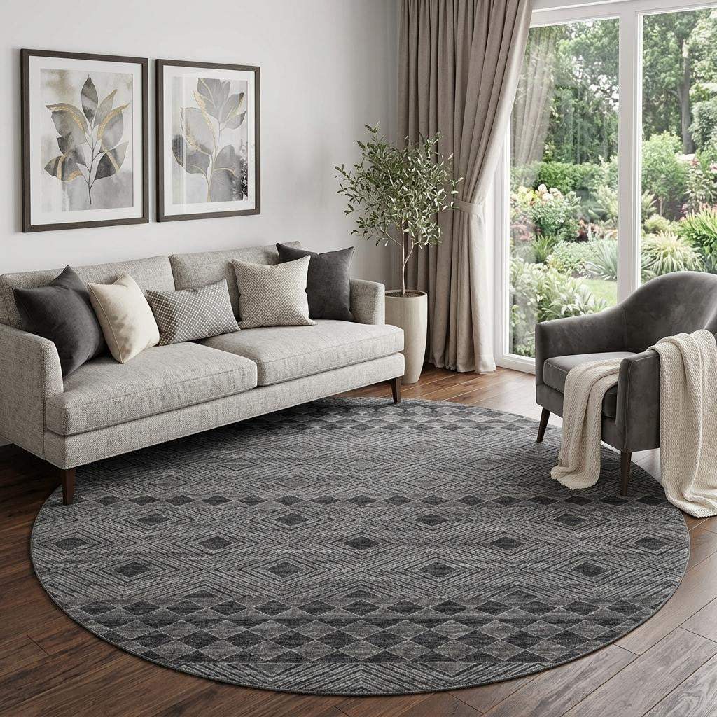 8' Gray And Black Geometric Washable Round Rug With UV Protection - HomeRoots - Flyclothing LLC