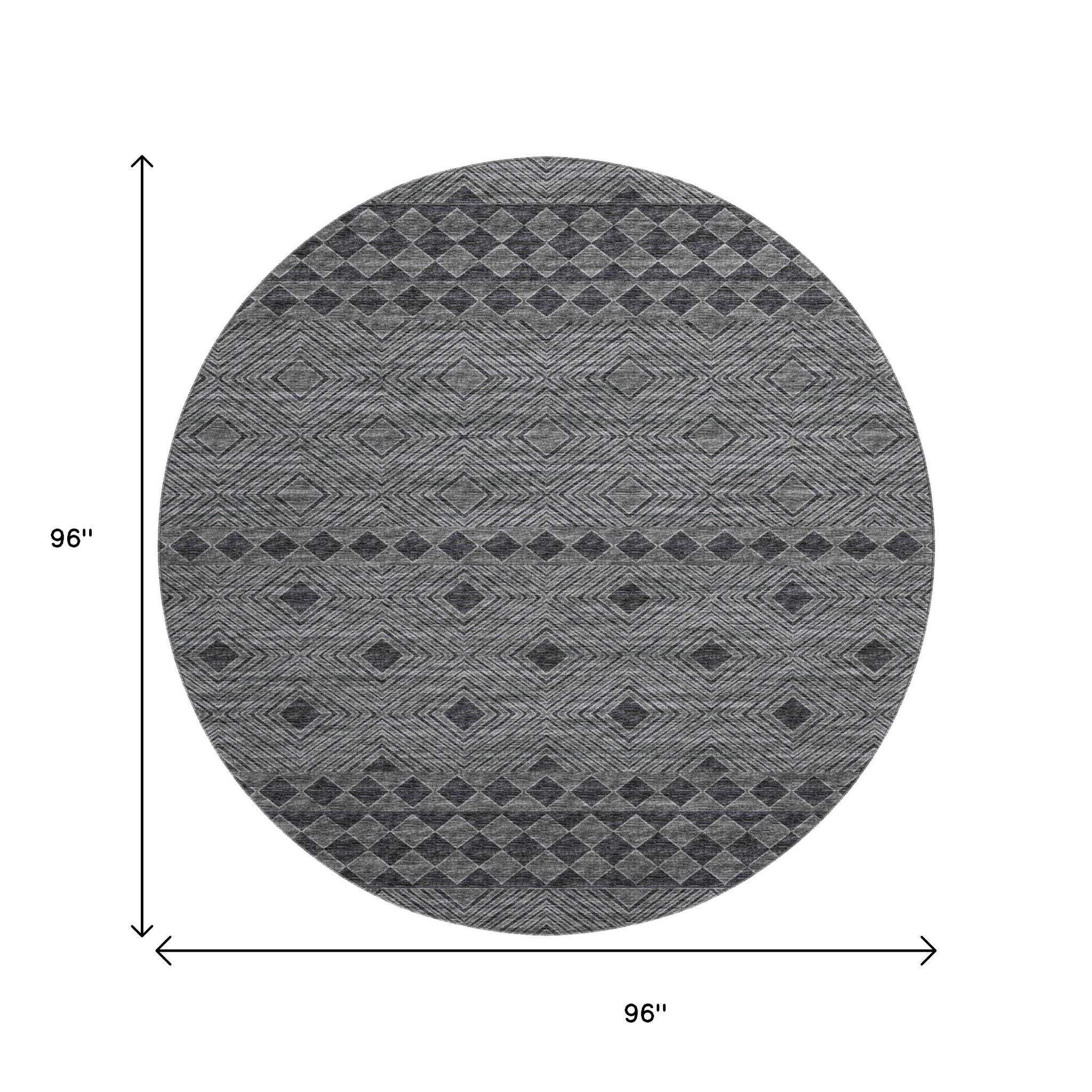 8' Gray And Black Geometric Washable Round Rug With UV Protection - HomeRoots - Flyclothing LLC