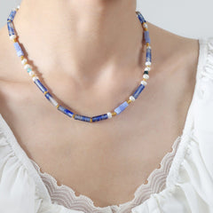 Freshwater Pearl Titanium Steel Geometric Bead Necklace - Trendsi