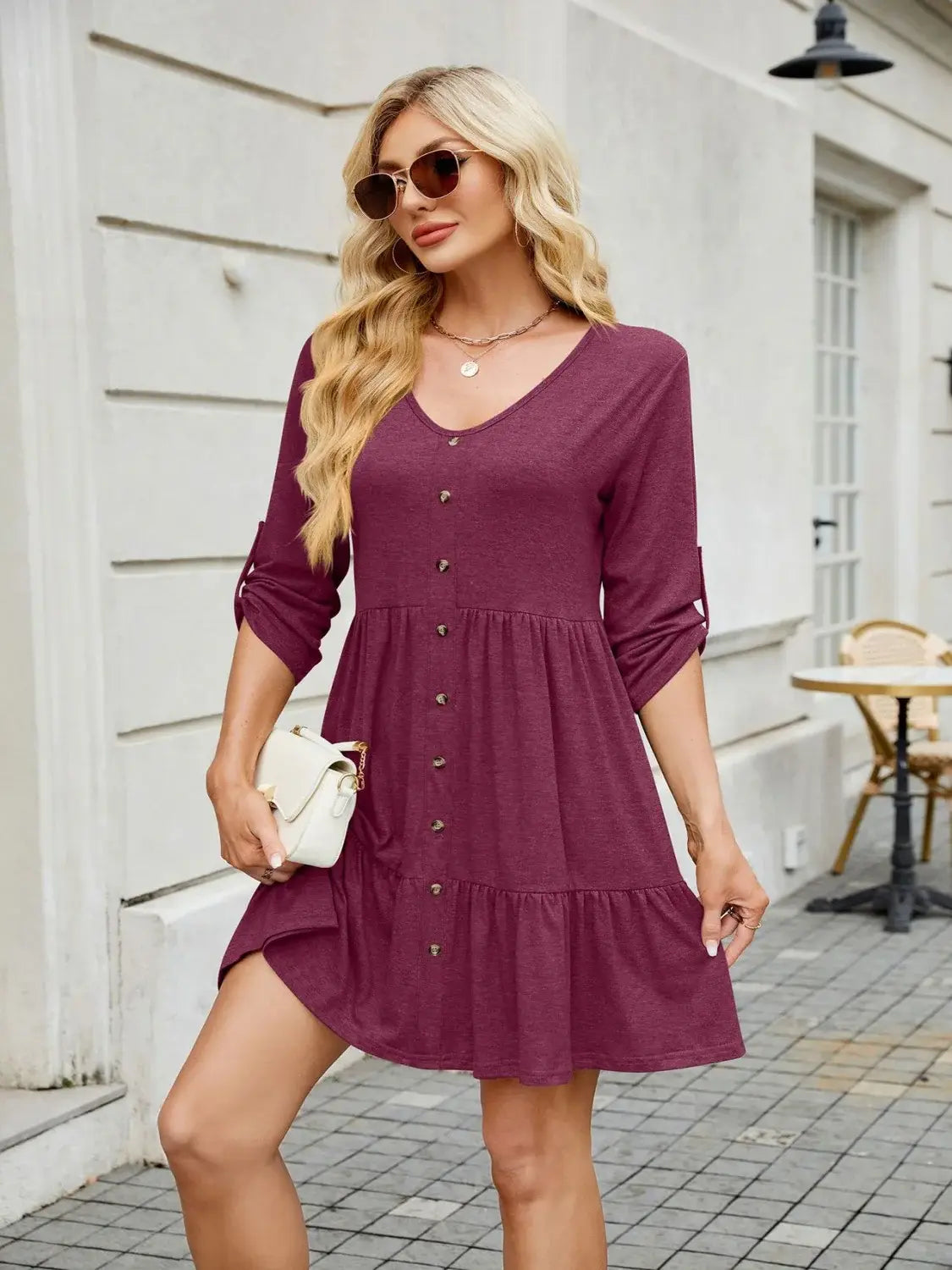Tiered Ruched V-Neck Mini Dress - Trendsi - Flyclothing LLC
