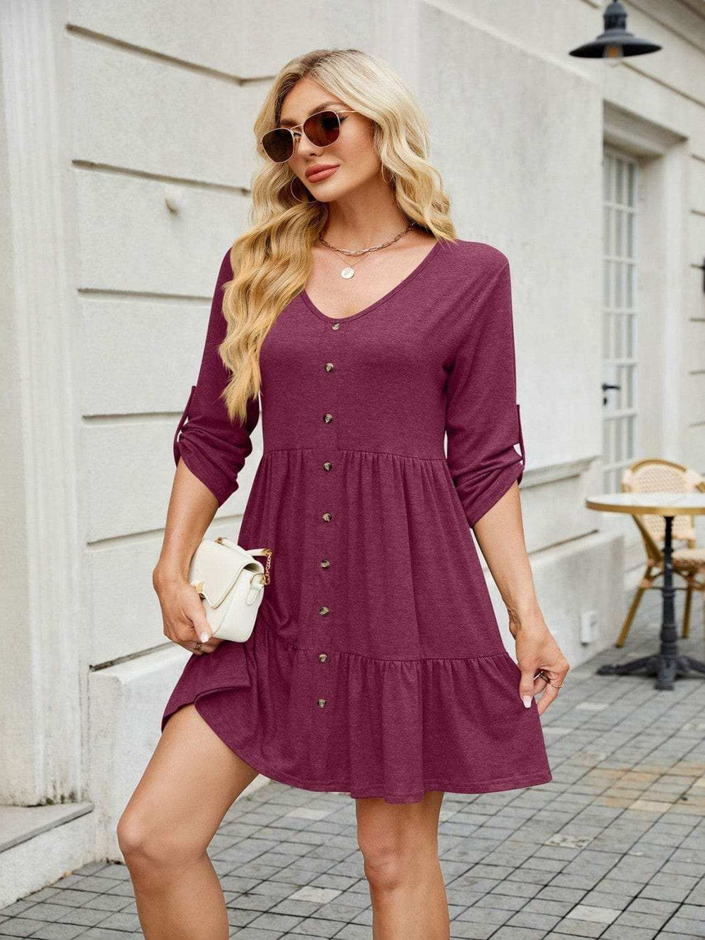 Tiered Ruched V-Neck Mini Dress - Trendsi - Flyclothing LLC