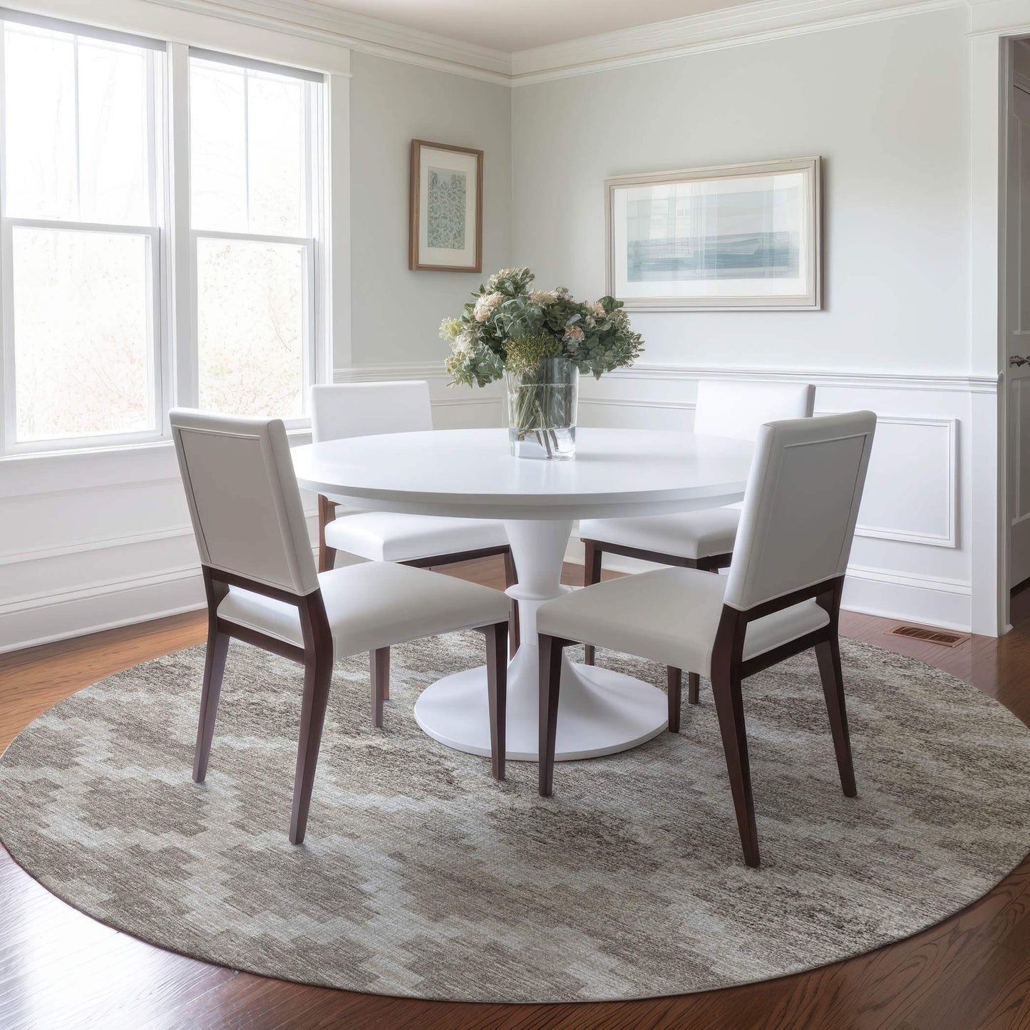 8' Tan Ivory And Beige Tribal Washable Round Rug With UV Protection - HomeRoots - Flyclothing LLC