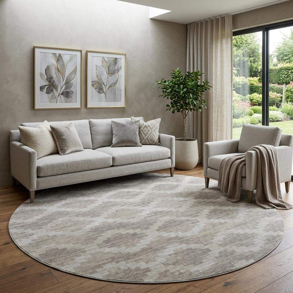 8' Tan Ivory And Beige Tribal Washable Round Rug With UV Protection - HomeRoots - Flyclothing LLC