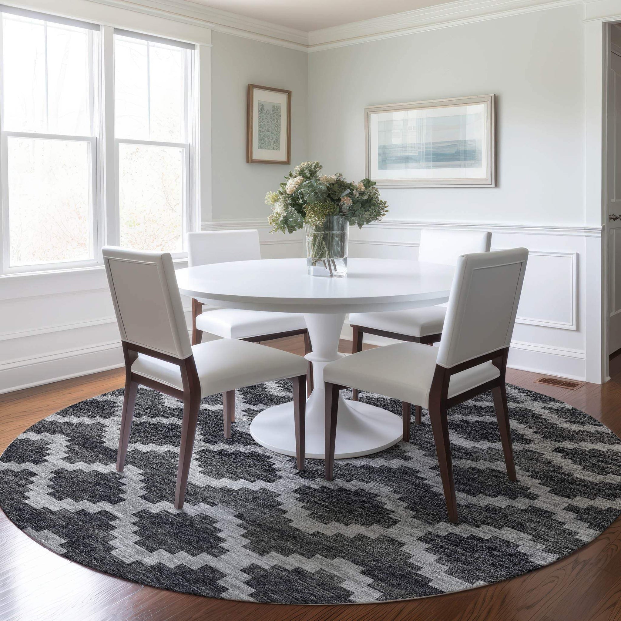 8' Gray Ivory And Charcoal Tribal Washable Round Rug With UV Protection - HomeRoots - Flyclothing LLC