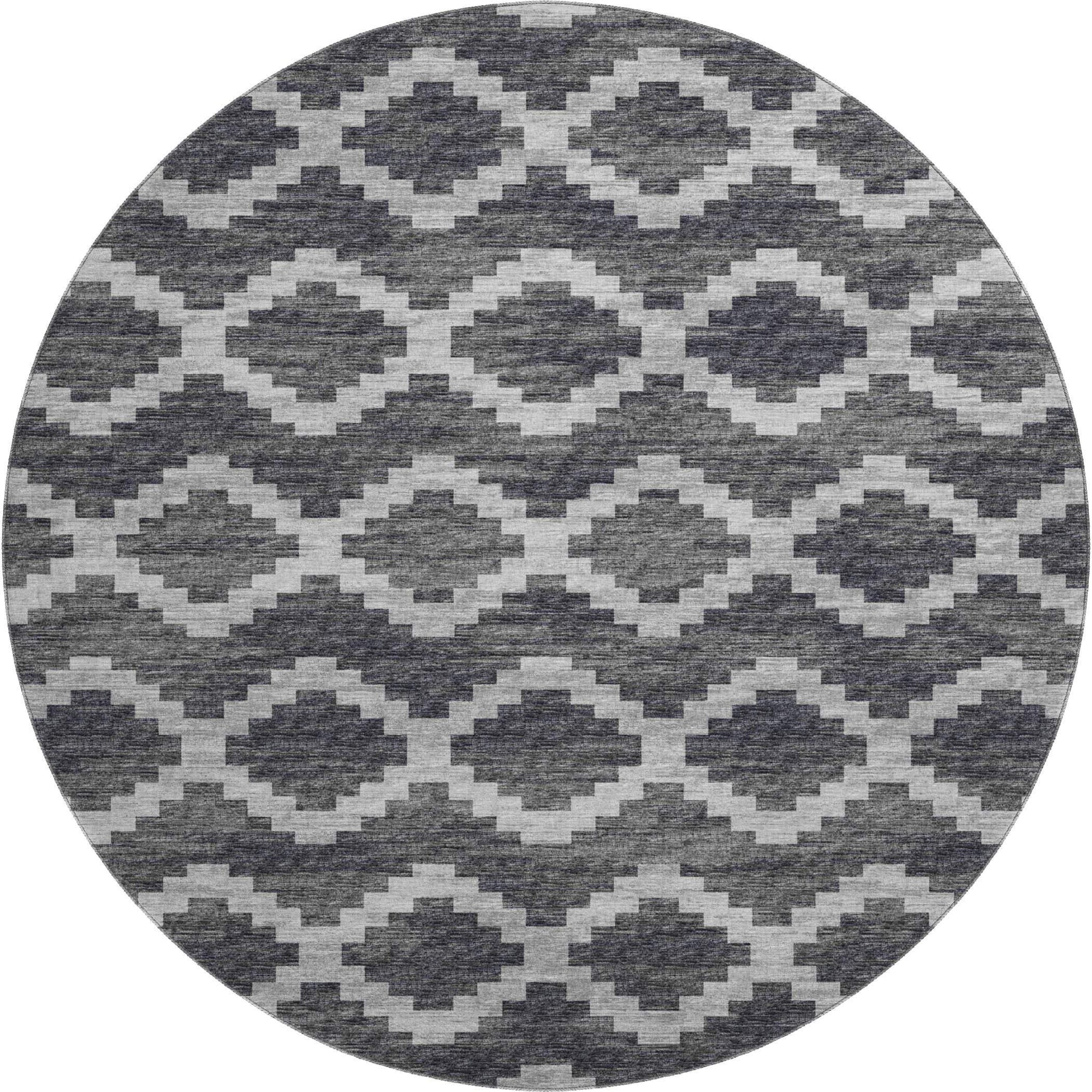 8' Gray Ivory And Charcoal Tribal Washable Round Rug With UV Protection - HomeRoots - Flyclothing LLC
