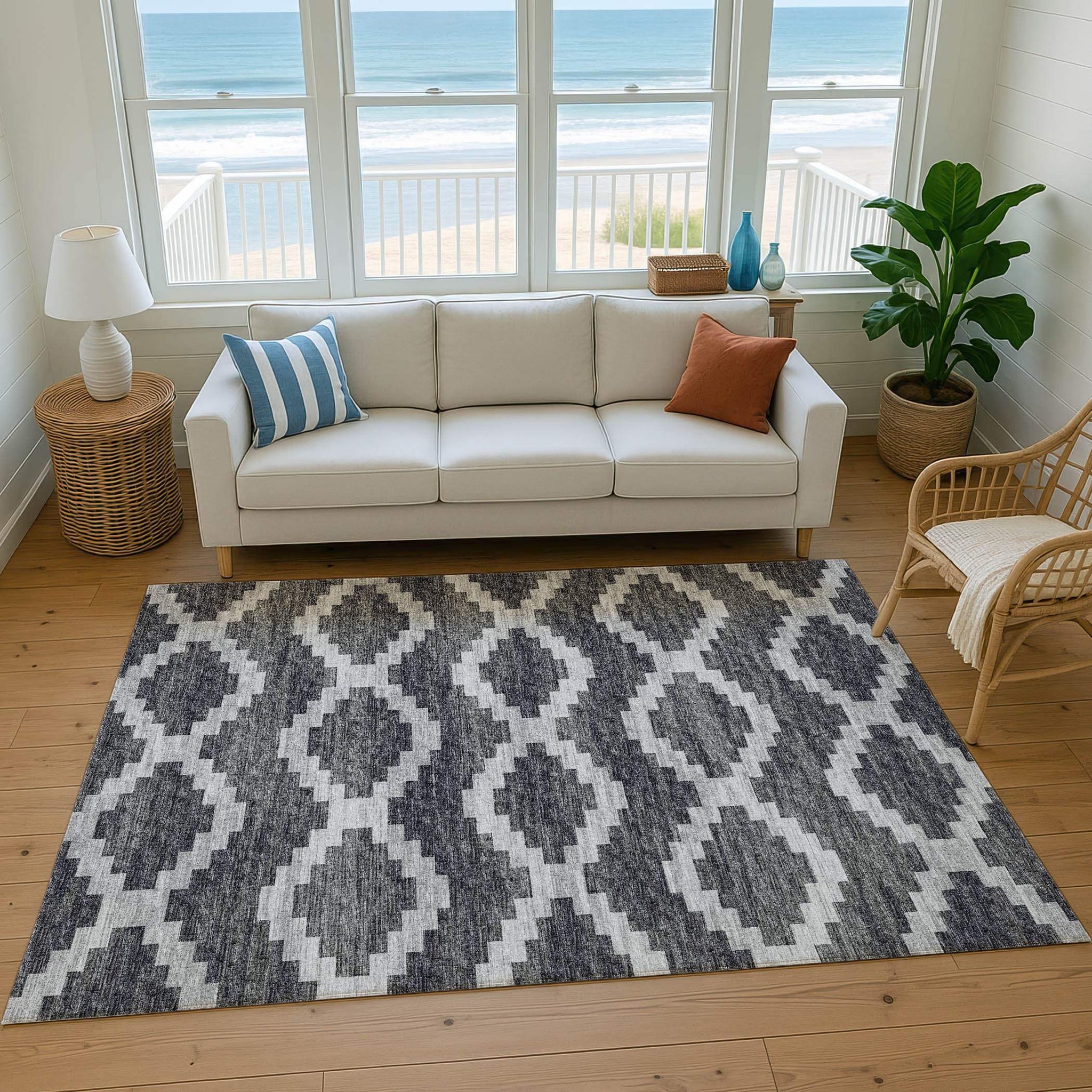 9' X 12' Gray Ivory And Charcoal Tribal Washable Area Rug With UV Protection - HomeRoots - Flyclothing LLC