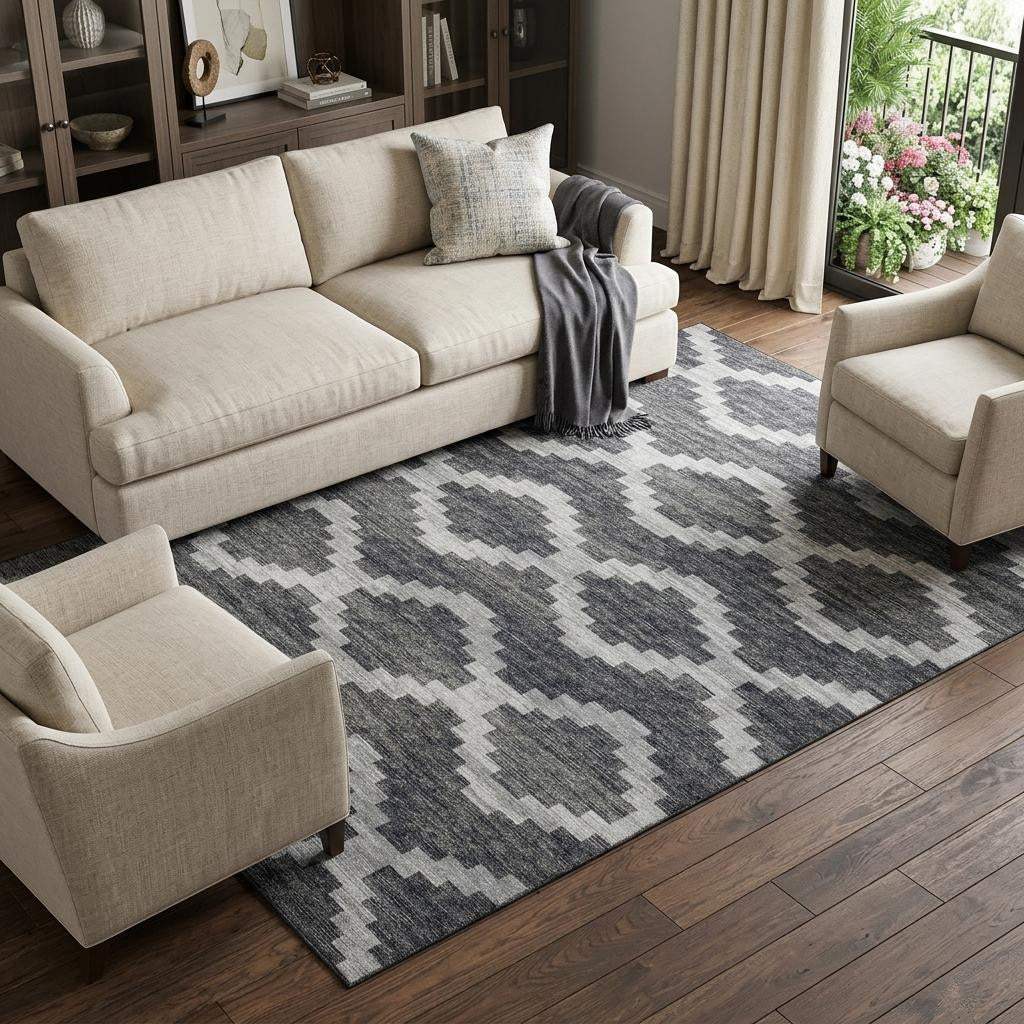 9' X 12' Gray Ivory And Charcoal Tribal Washable Area Rug With UV Protection - HomeRoots - Flyclothing LLC