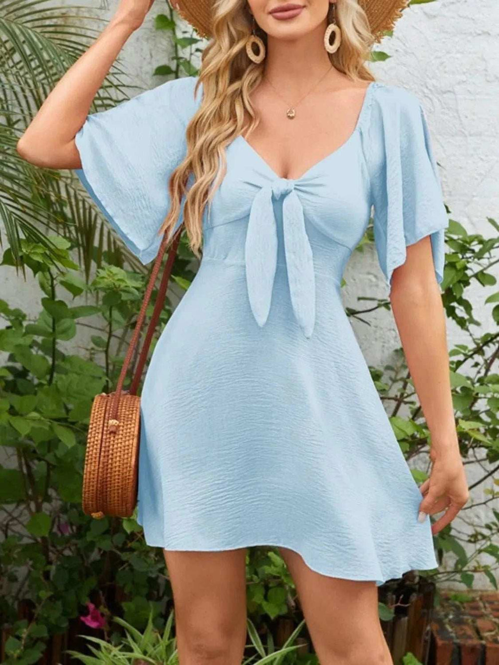 Smocked Back Knotted Flutter Sleeve Dress - Trendsi - Flyclothing LLC