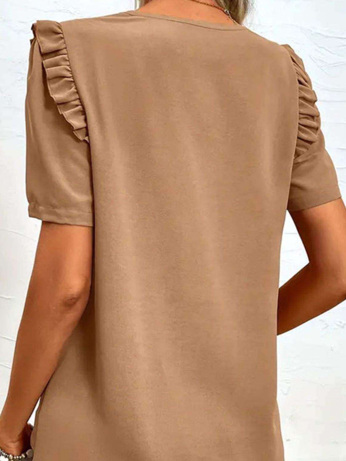 Ruffled V-Neck Short Sleeve Blouse - Trendsi - Flyclothing LLC