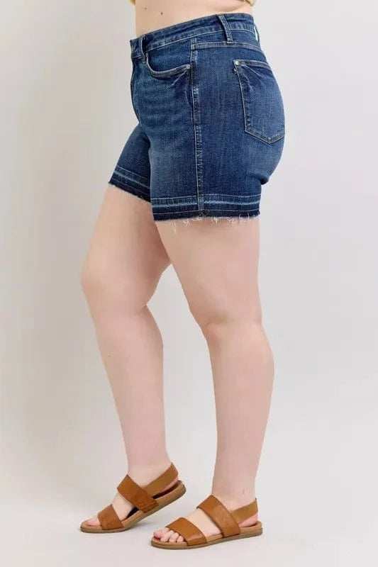 Judy Blue Full Size High Waist Tummy Control Destroy Release Hem Denim Shorts Plus Size - Trendsi - Flyclothing LLC