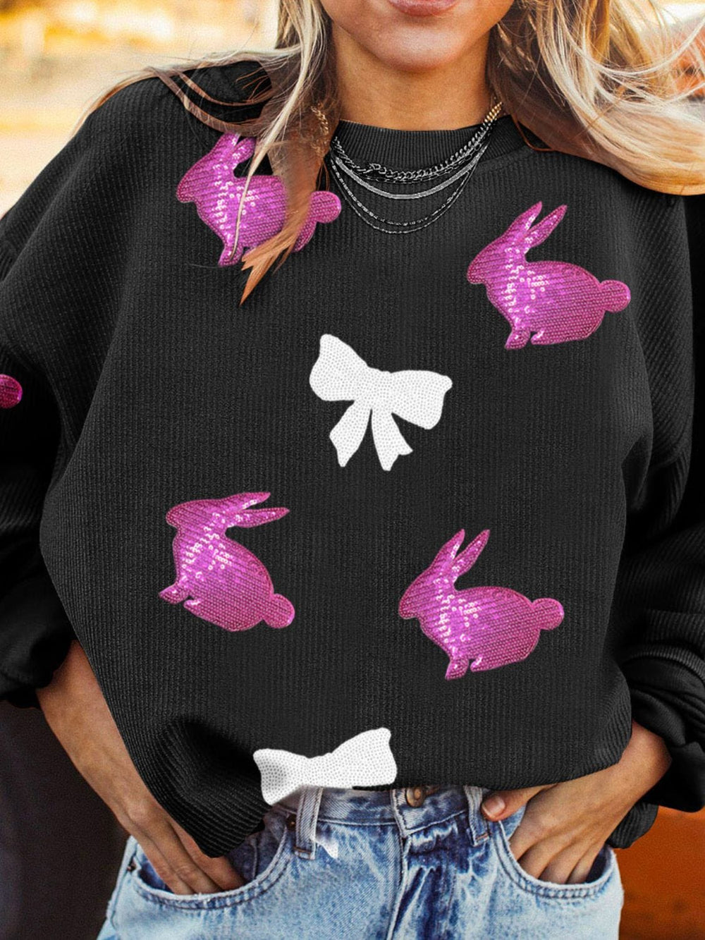 Sequin Bunny Bow Easter Corded Rib Sweatshirt - Trendsi