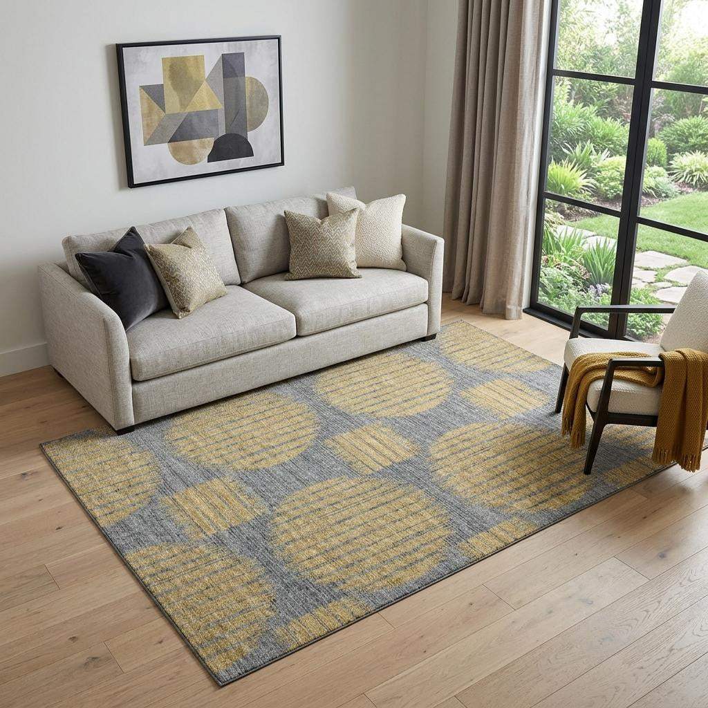 5' X 8' Gold And Gray Geometric Distressed Washable Area Rug With UV Protection - HomeRoots - Flyclothing LLC