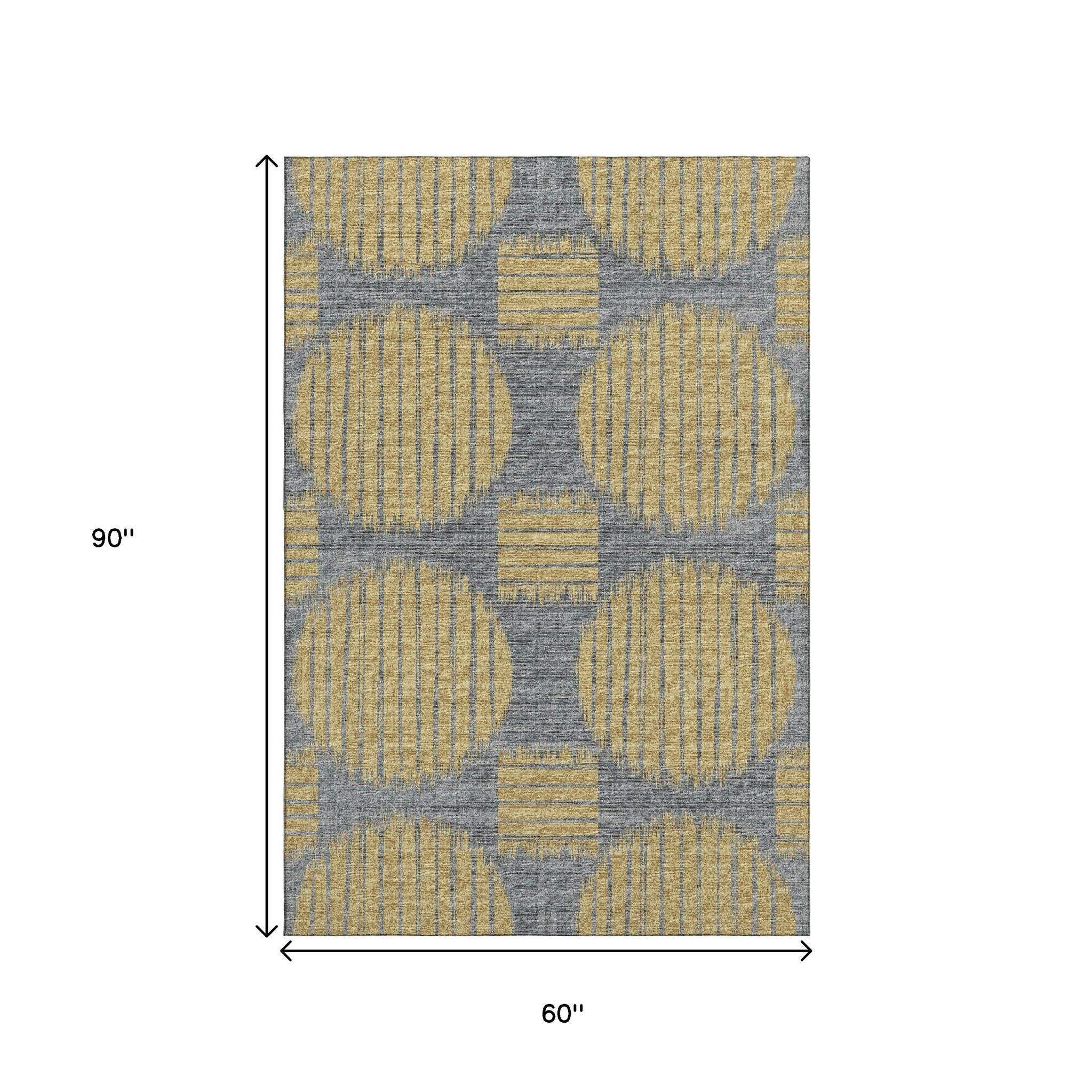 5' X 8' Gold And Gray Geometric Distressed Washable Area Rug With UV Protection - HomeRoots - Flyclothing LLC