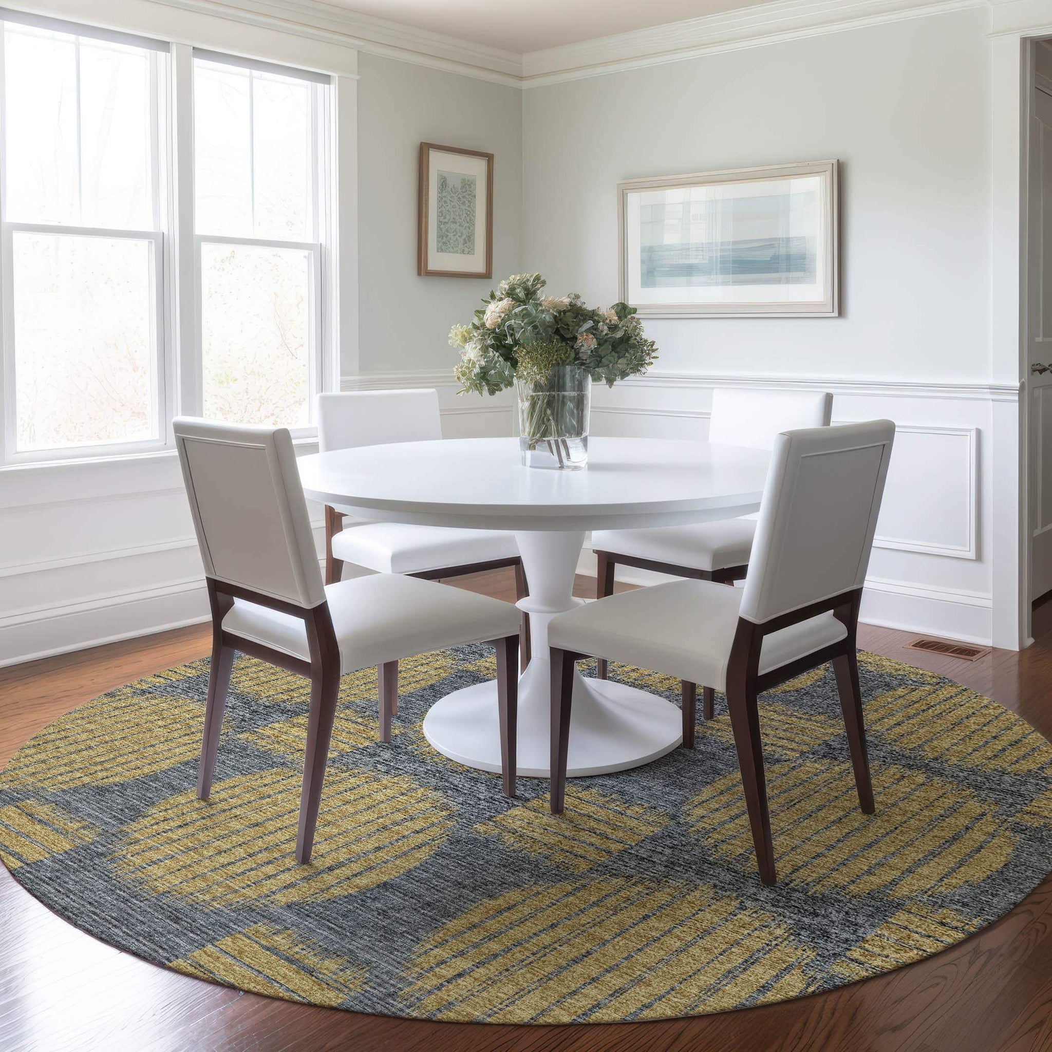 8' Gold And Gray Geometric Washable Round Rug With UV Protection - HomeRoots - Flyclothing LLC
