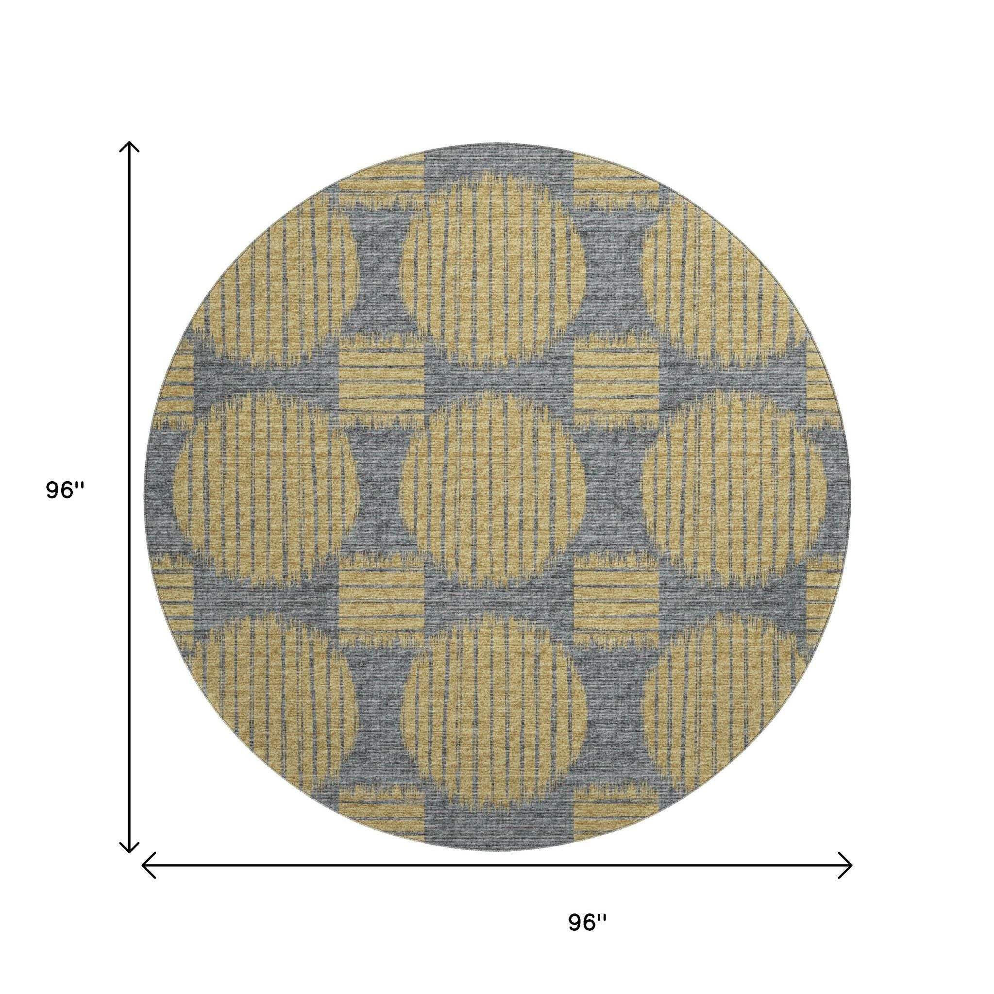 8' Gold And Gray Geometric Washable Round Rug With UV Protection - HomeRoots - Flyclothing LLC