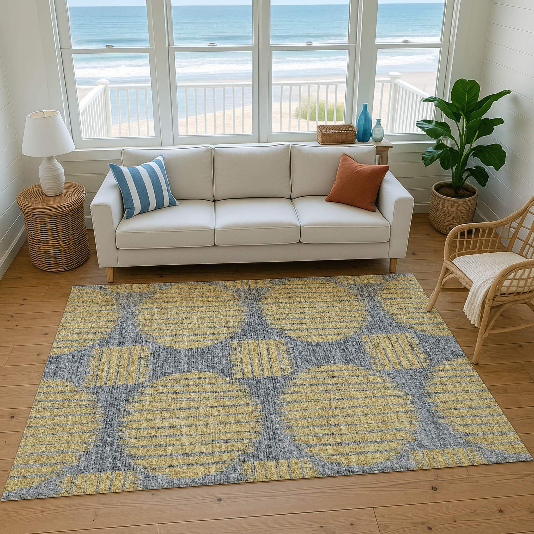 9' X 12' Gold And Gray Geometric Washable Area Rug With UV Protection - HomeRoots - Flyclothing LLC