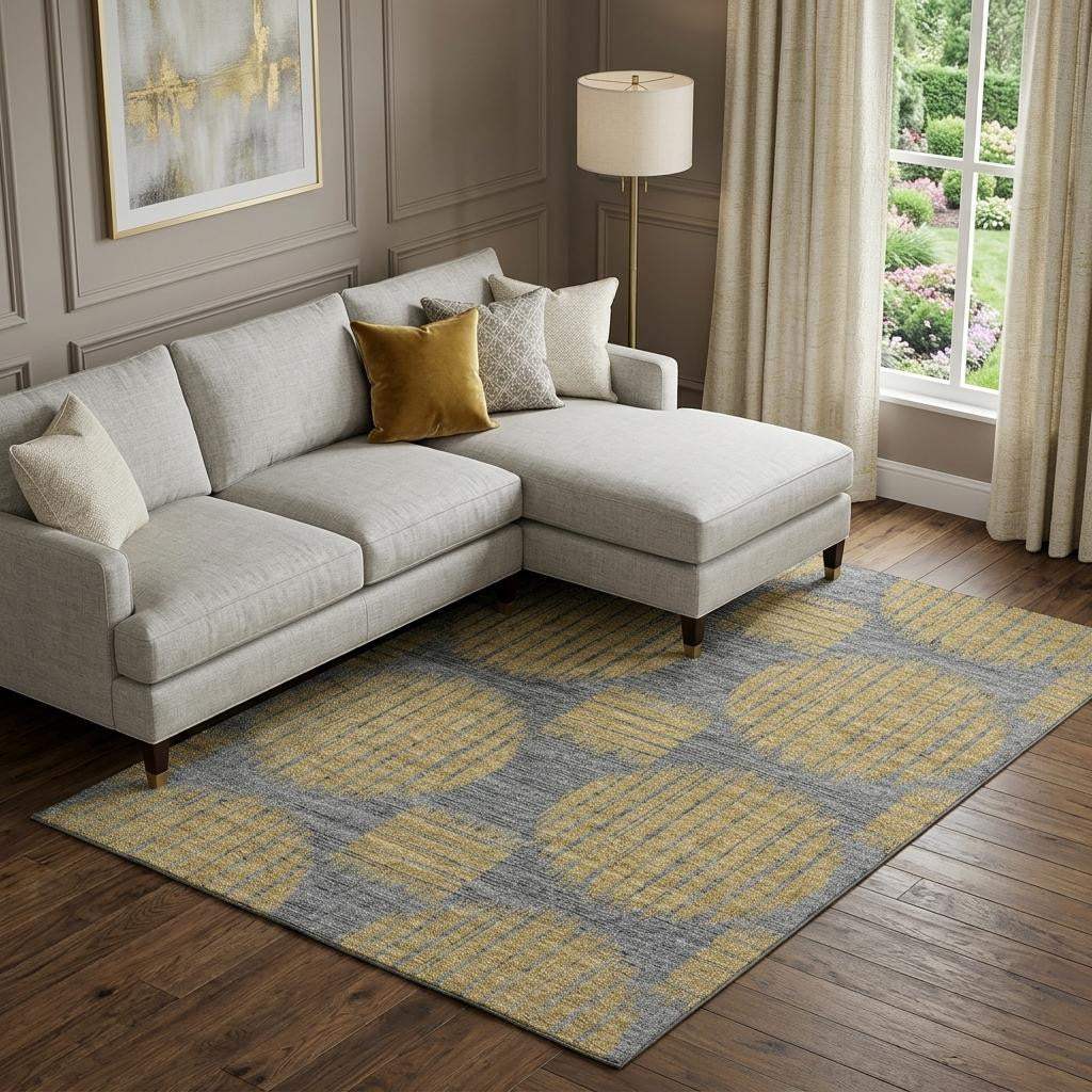 10' X 14' Gold And Gray Geometric Distressed Washable Area Rug With UV Protection - HomeRoots - Flyclothing LLC