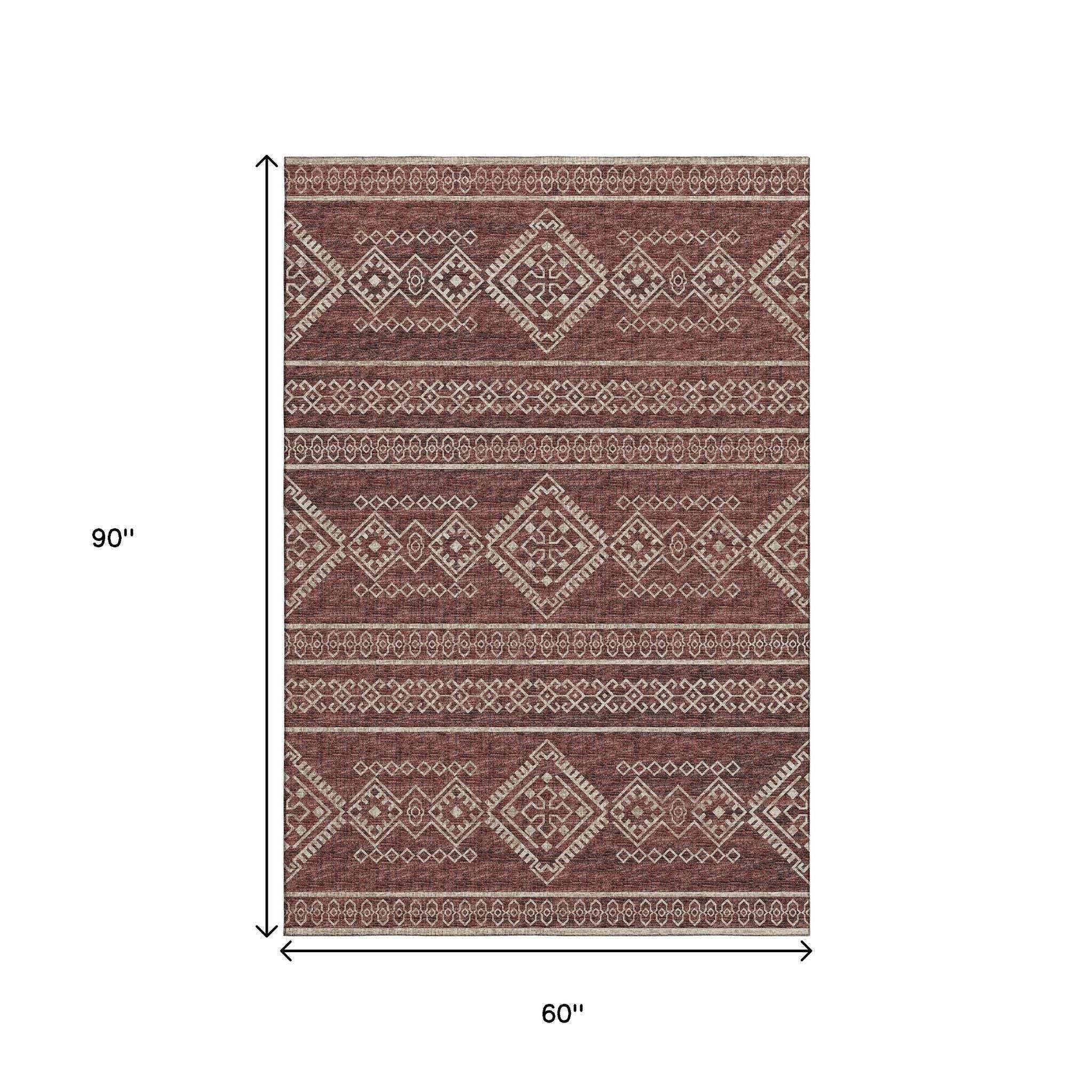 5' X 8' Burnt Sienna And Ivory Tribal Distressed Washable Area Rug With UV Protection - HomeRoots - Flyclothing LLC