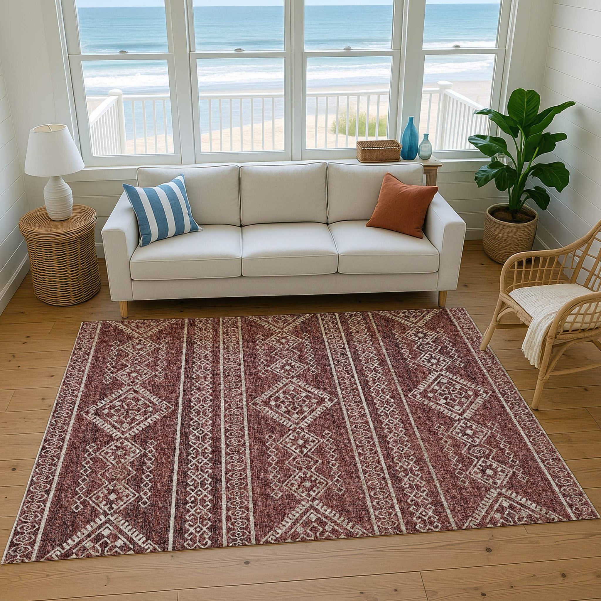 5' X 8' Burnt Sienna And Ivory Tribal Distressed Washable Area Rug With UV Protection - HomeRoots - Flyclothing LLC