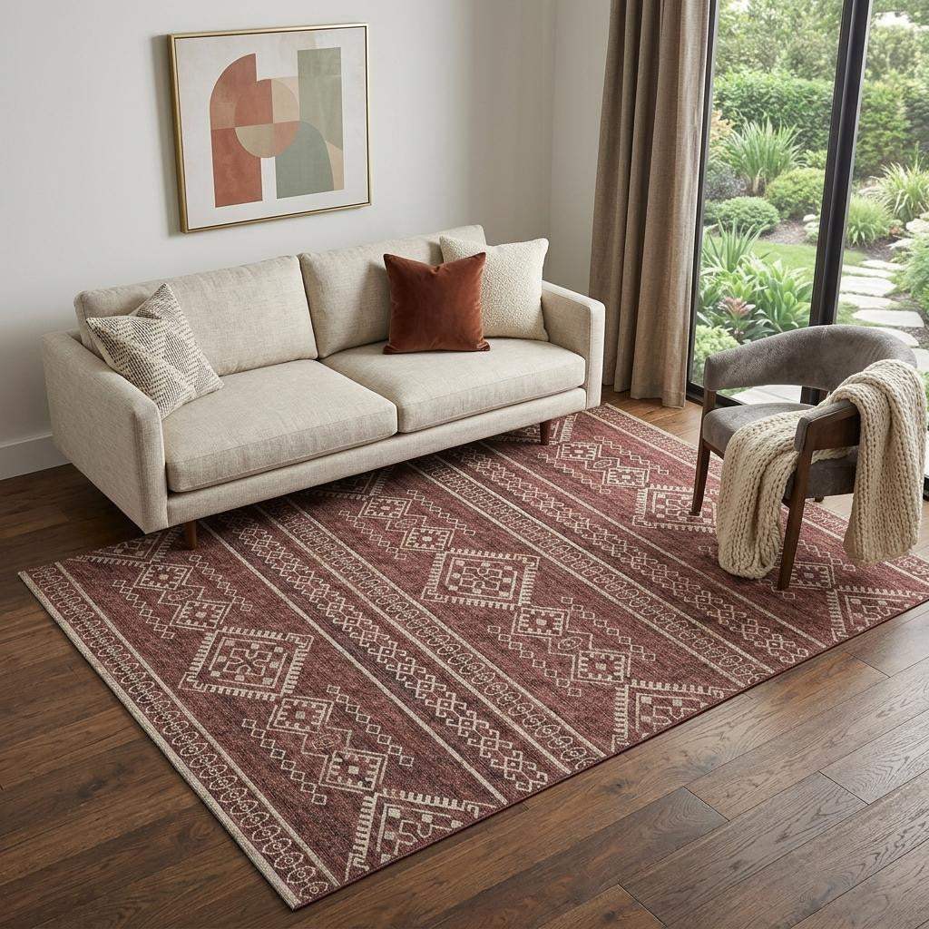 5' X 8' Burnt Sienna And Ivory Tribal Distressed Washable Area Rug With UV Protection - HomeRoots - Flyclothing LLC