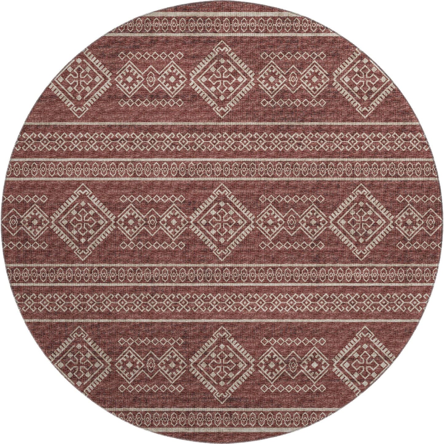 8' Burnt Sienna And Ivory Tribal Distressed Washable Round Rug With UV Protection - HomeRoots - Flyclothing LLC