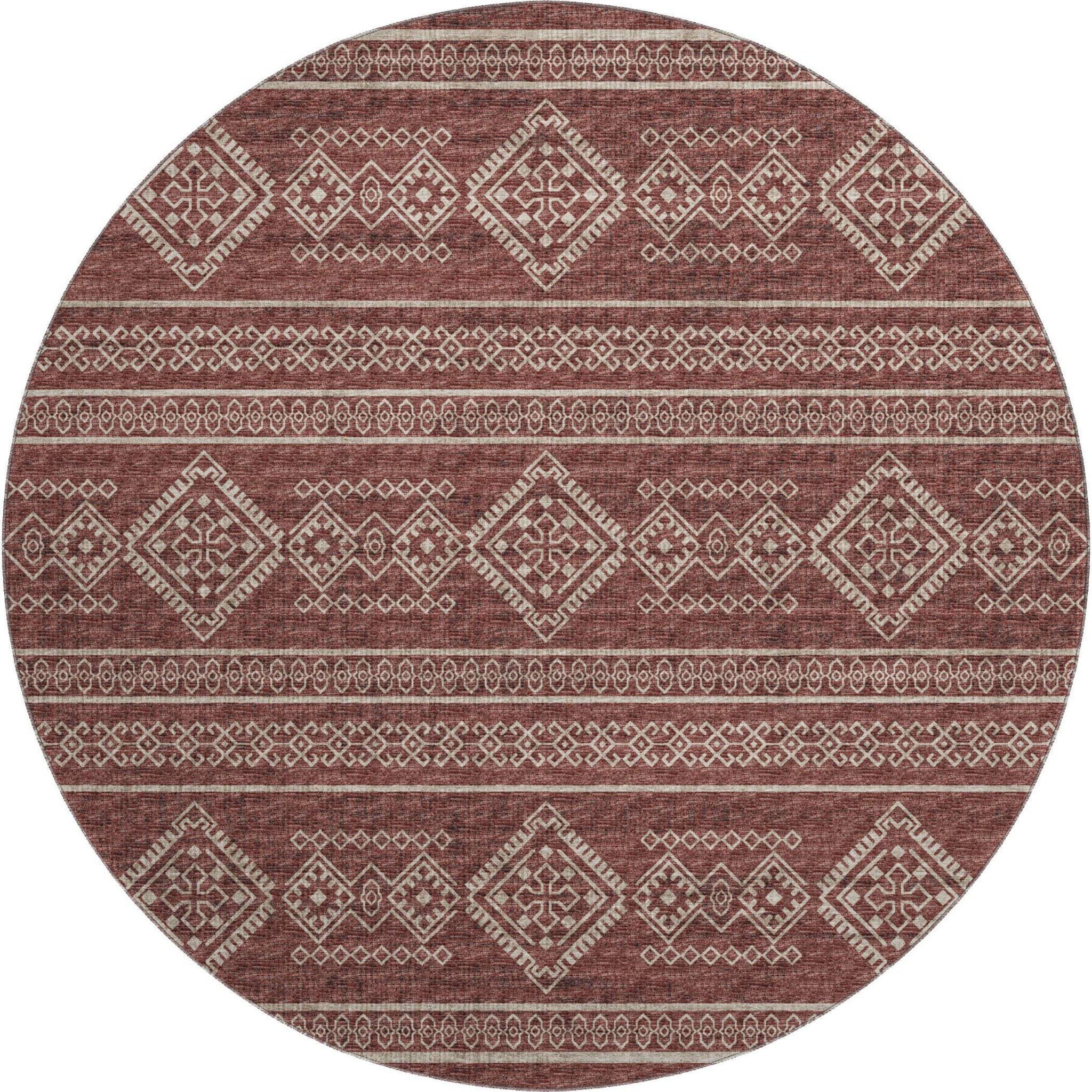 8' Burnt Sienna And Ivory Tribal Distressed Washable Round Rug With UV Protection - HomeRoots - Flyclothing LLC