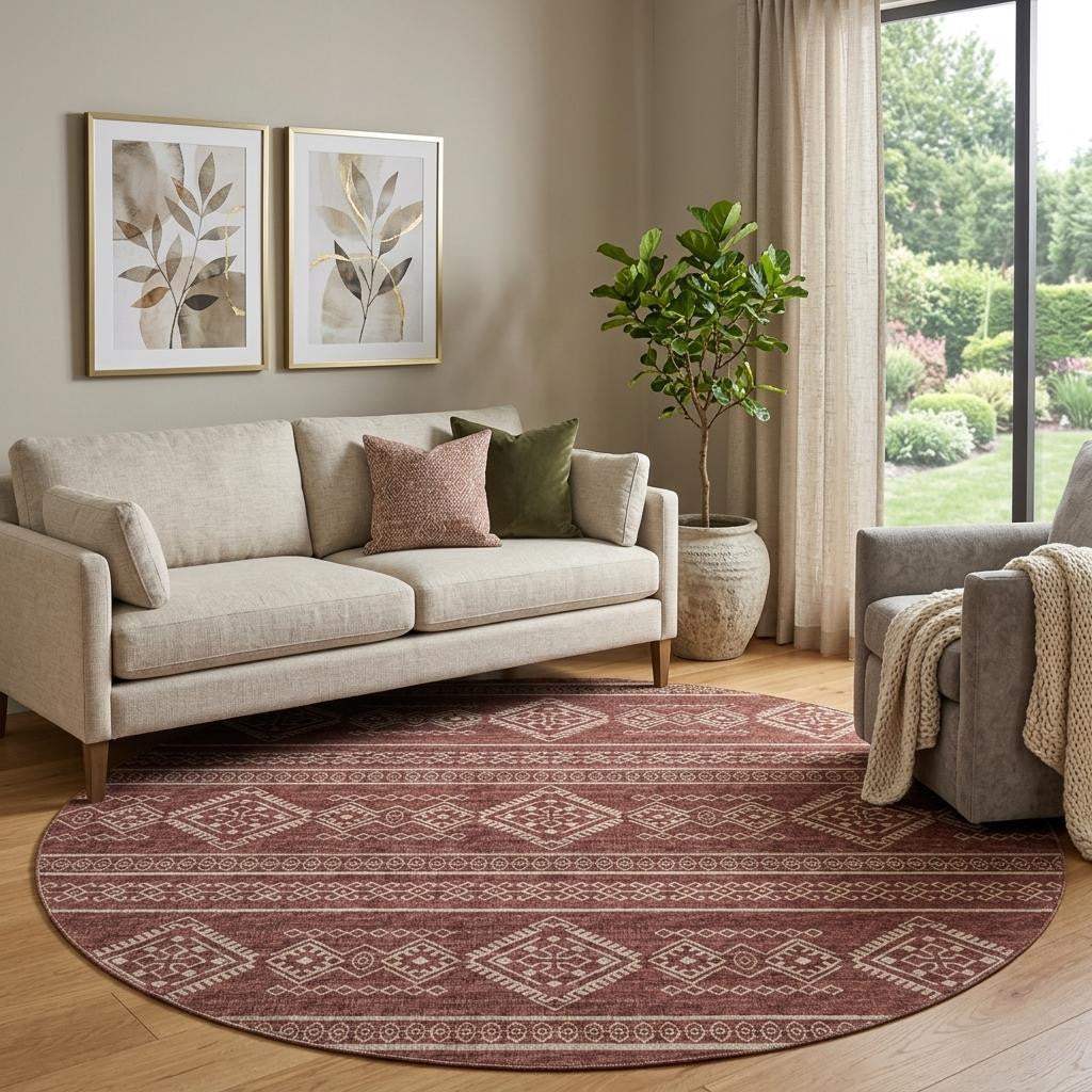 8' Burnt Sienna And Ivory Tribal Distressed Washable Round Rug With UV Protection - HomeRoots - Flyclothing LLC