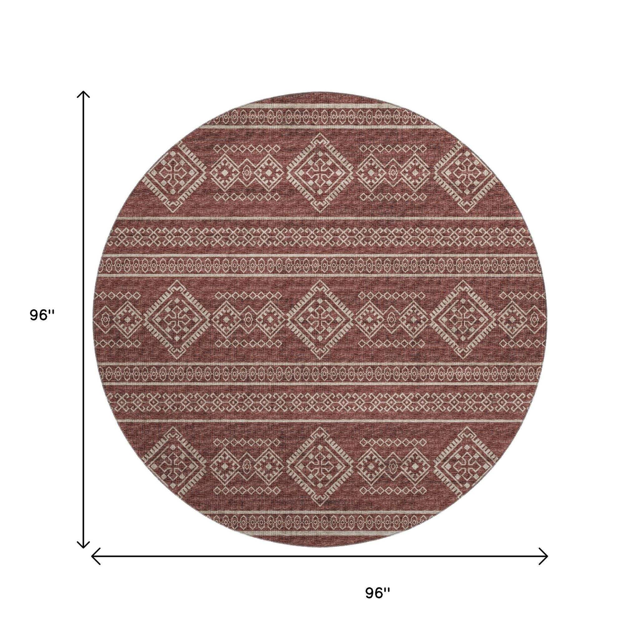 8' Burnt Sienna And Ivory Tribal Distressed Washable Round Rug With UV Protection - HomeRoots - Flyclothing LLC