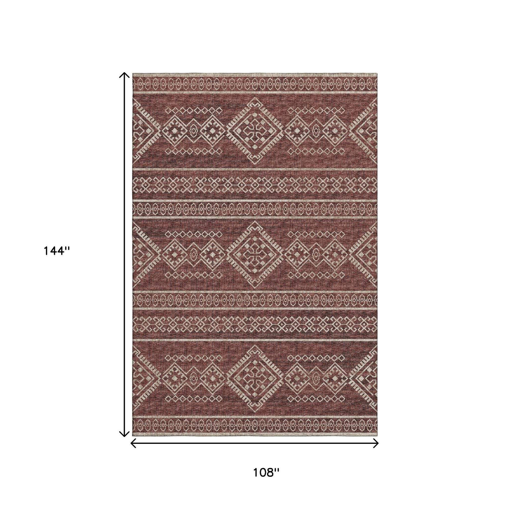 9' X 12' Burnt Sienna And Ivory Tribal Washable Area Rug With UV Protection - HomeRoots - Flyclothing LLC