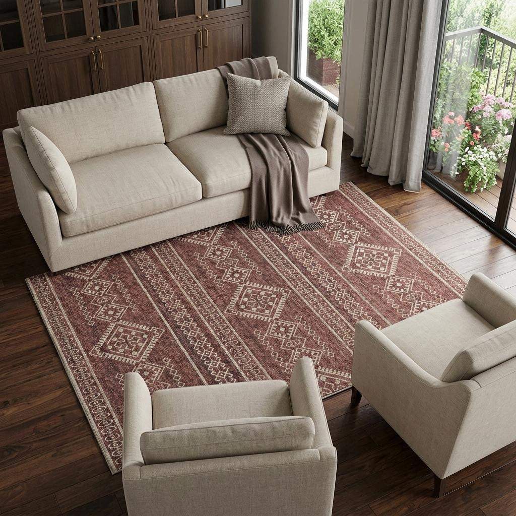 9' X 12' Burnt Sienna And Ivory Tribal Washable Area Rug With UV Protection - HomeRoots - Flyclothing LLC