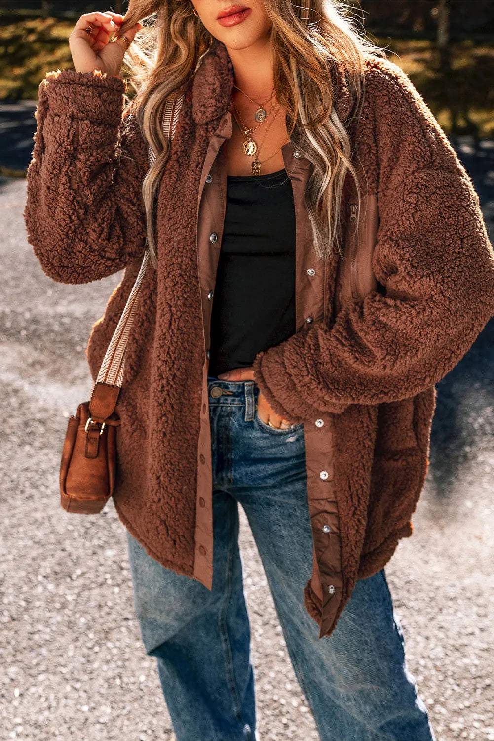 Fuzzy Snap Down Dropped Shoulder Jacket - Trendsi - Flyclothing LLC