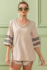 BiBi Triblend Knit Top with Leopard Band Detail - Trendsi - Flyclothing LLC
