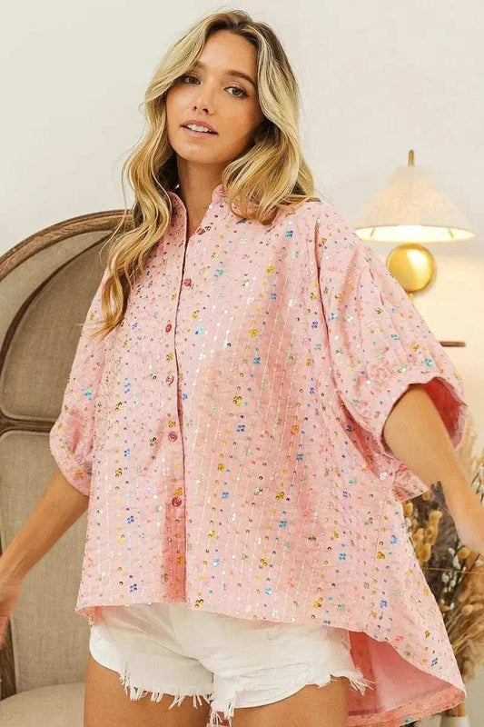 BiBi Sequin Striped Short Dolman Sleeve Blouse - Trendsi - Flyclothing LLC