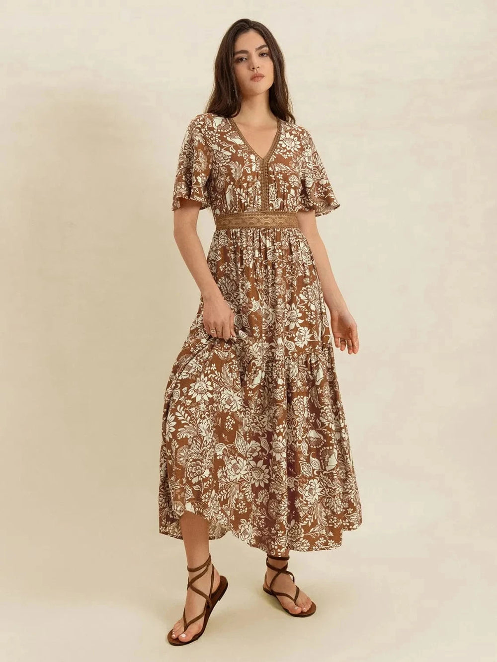 Lace Detail Printed Short Sleeve Midi Dress - Trendsi