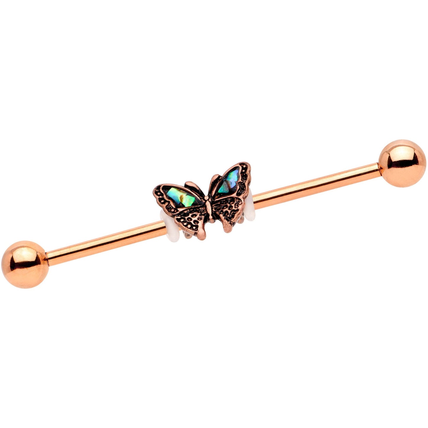 Rose Gold Tone Iridescent Butterfly Charm Industrial Barbell 38mm - BodyCandy - Flyclothing LLC