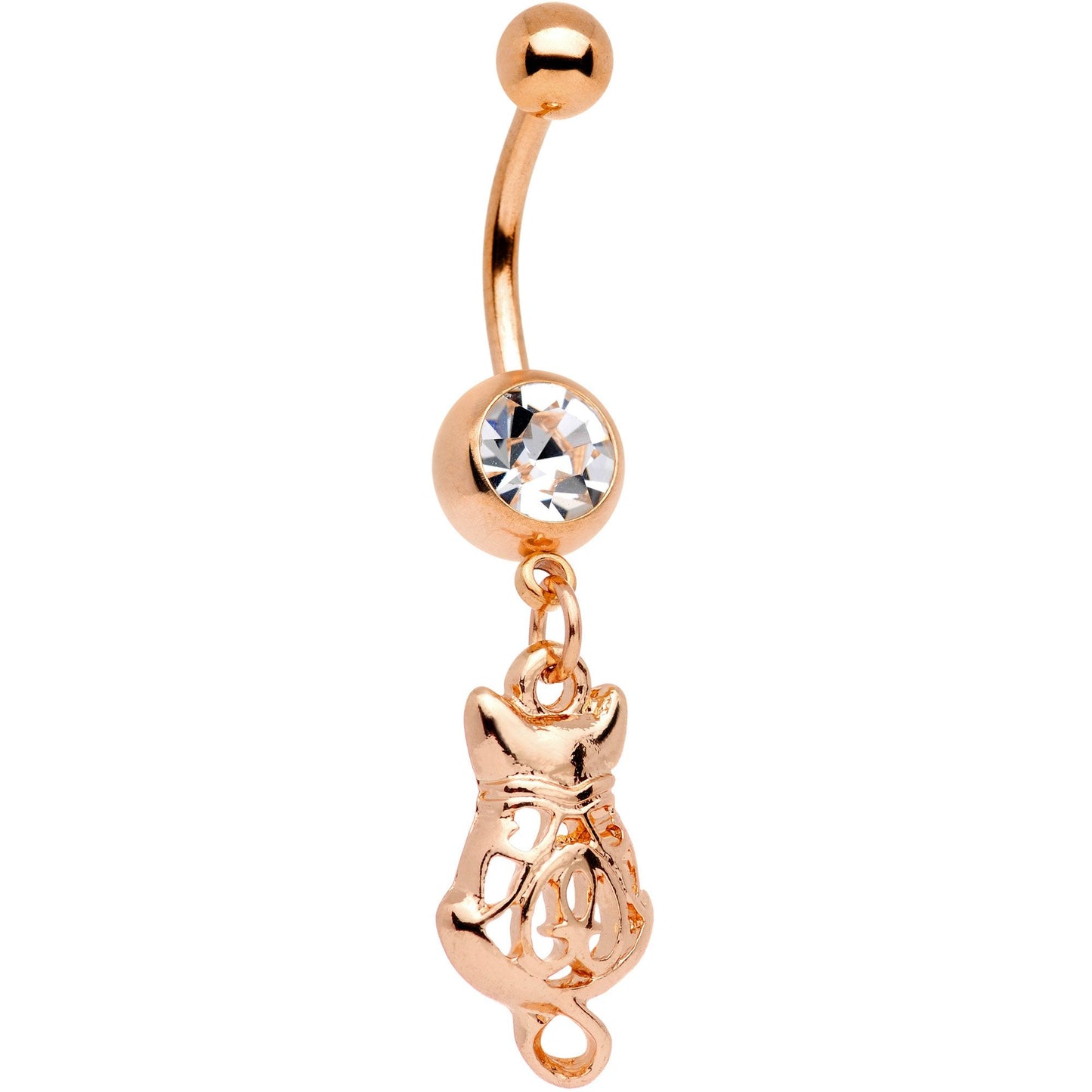 Clear Gem Rose Gold Tone Anodized Fashion Cat Dangle Belly Ring - BodyCandy - Flyclothing LLC