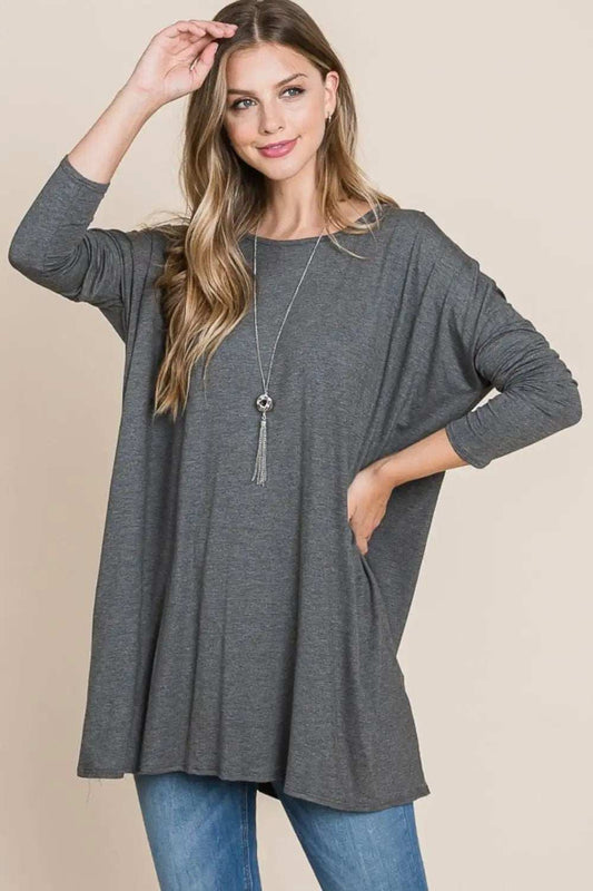 BOMBOM Round Neck Long Sleeve Oversized Top - Trendsi - Flyclothing LLC