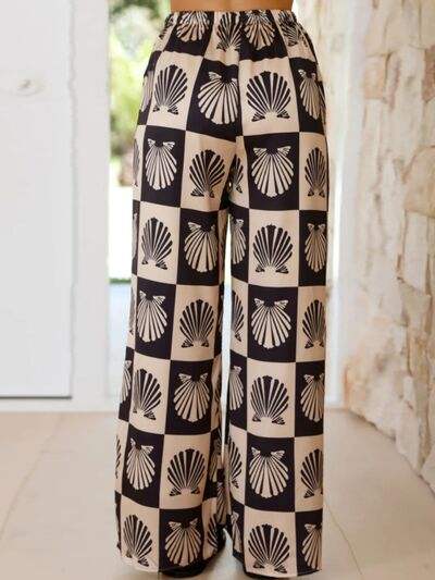 Printed Collared Neck Top and Wide Leg Pants Set - Trendsi - Flyclothing LLC
