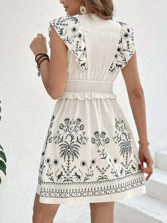 Smocked Ruffled Cap Sleeve Mini Dress - Trendsi - Flyclothing LLC