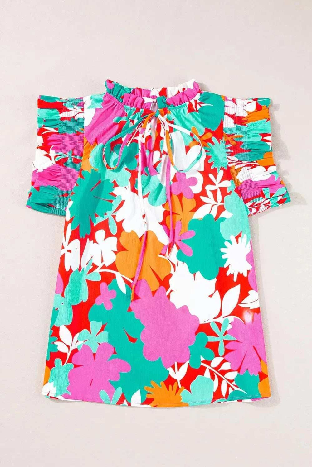 Printed Tie Neck Cap Sleeve Blouse - Trendsi - Flyclothing LLC