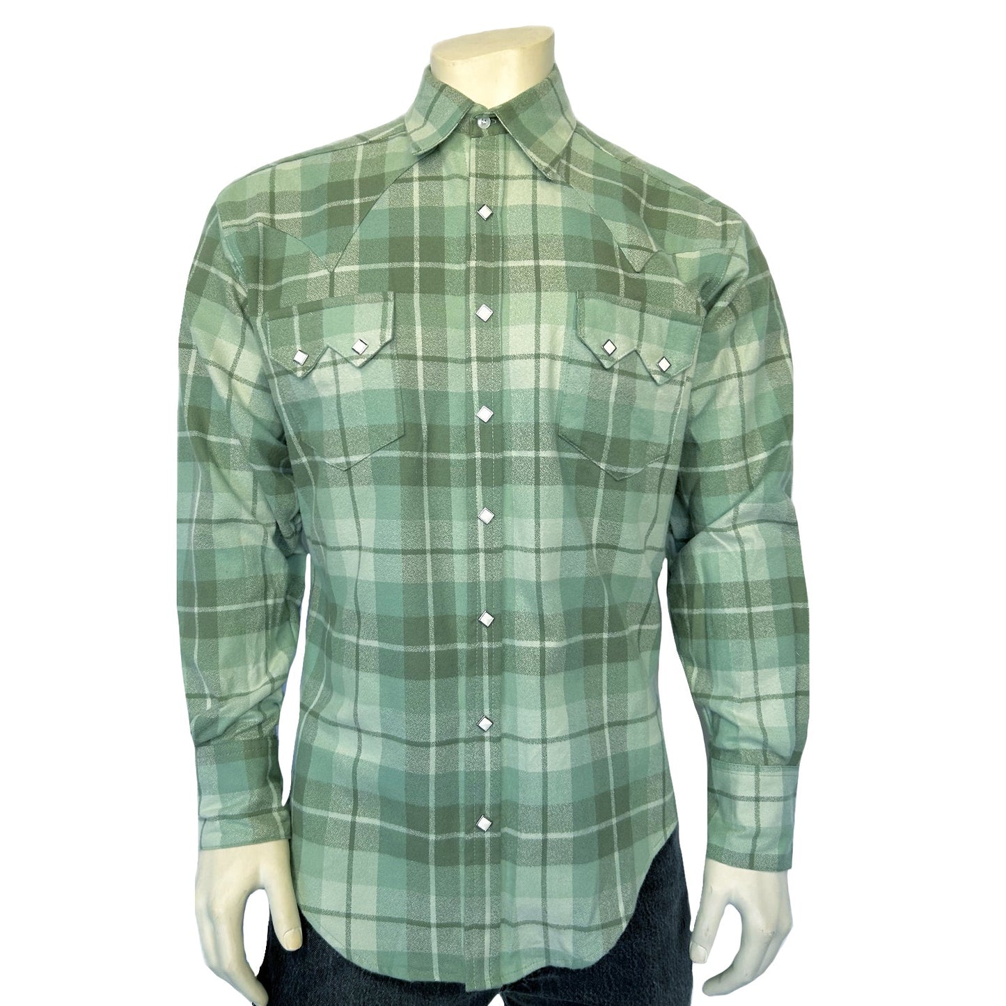 Rockmount Ranch Wear Men's Organic Plush Flannel Sage Green Plaid Western Shirt - Rockmount Clothing - Flyclothing LLC