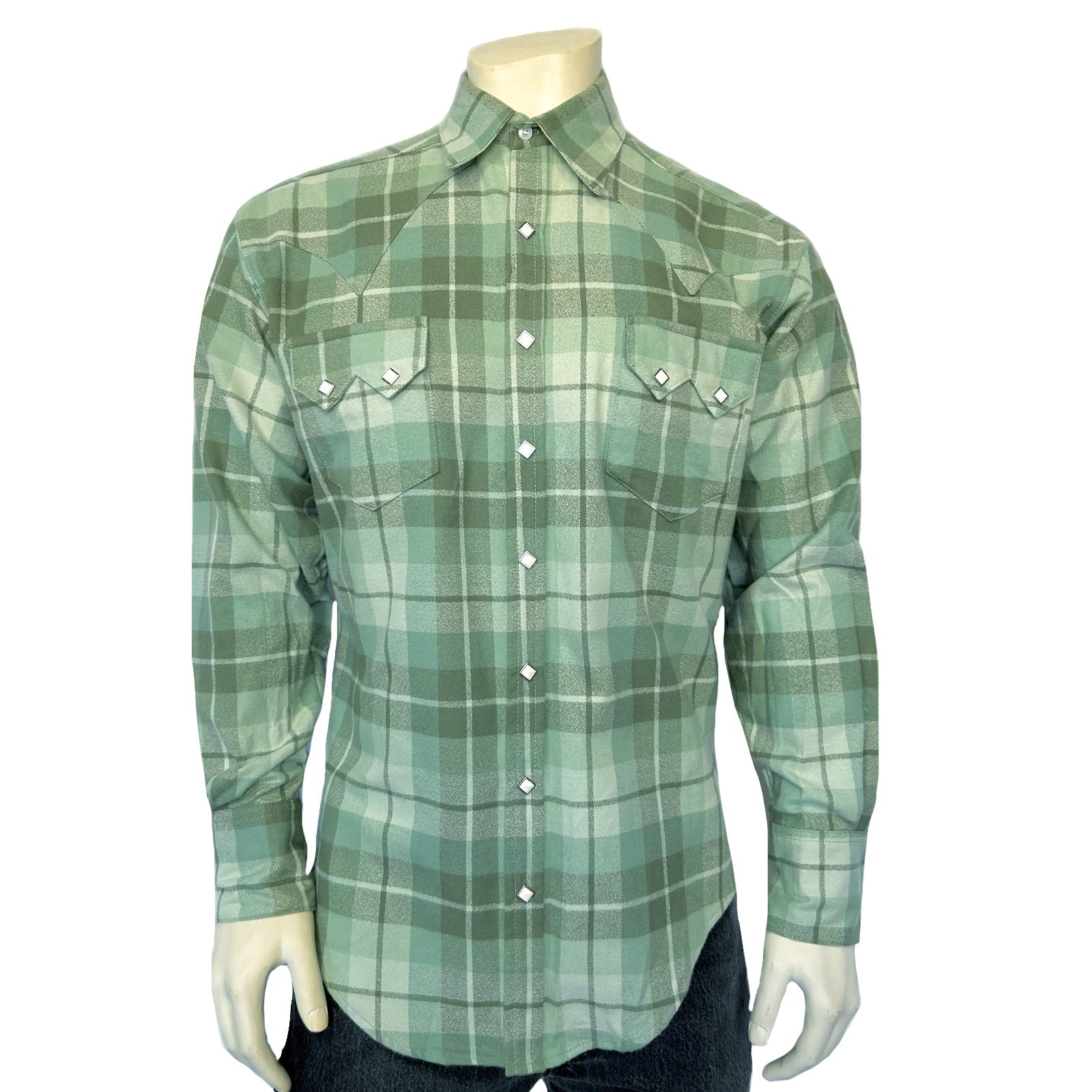 Rockmount Ranch Wear Men's Organic Plush Flannel Sage Green Plaid Western Shirt - Rockmount Clothing - Flyclothing LLC