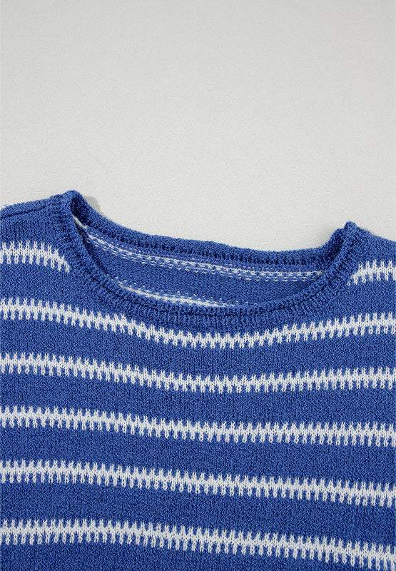 Striped Round Neck Dropped Shoulder Sweater - Trendsi - Flyclothing LLC